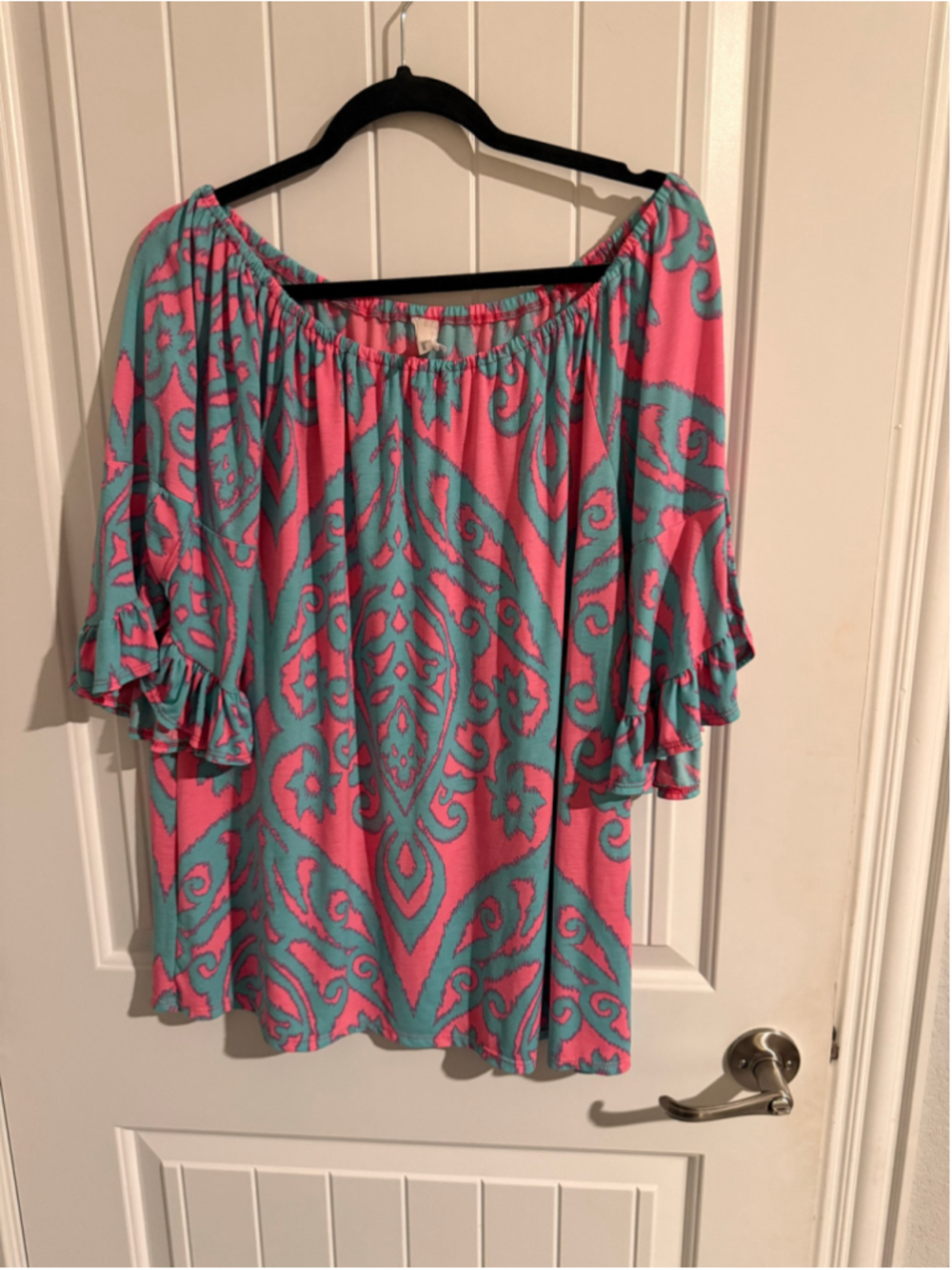 Now N Forever XL Teal & Hot Pink Paisley Ruffle Sleeve Tunic Top